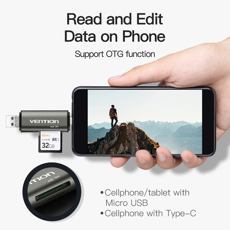 Vention USB 3.0 Mult-Function Card Reader 480Mbps 256G Gray Metal Type