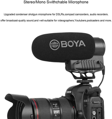 Boya BY-BM3051S Stereo Mono Condenser Shotgun Microphone Gain Control High-Pass Filter for DSLR Camera Camcorder Audio Recorder