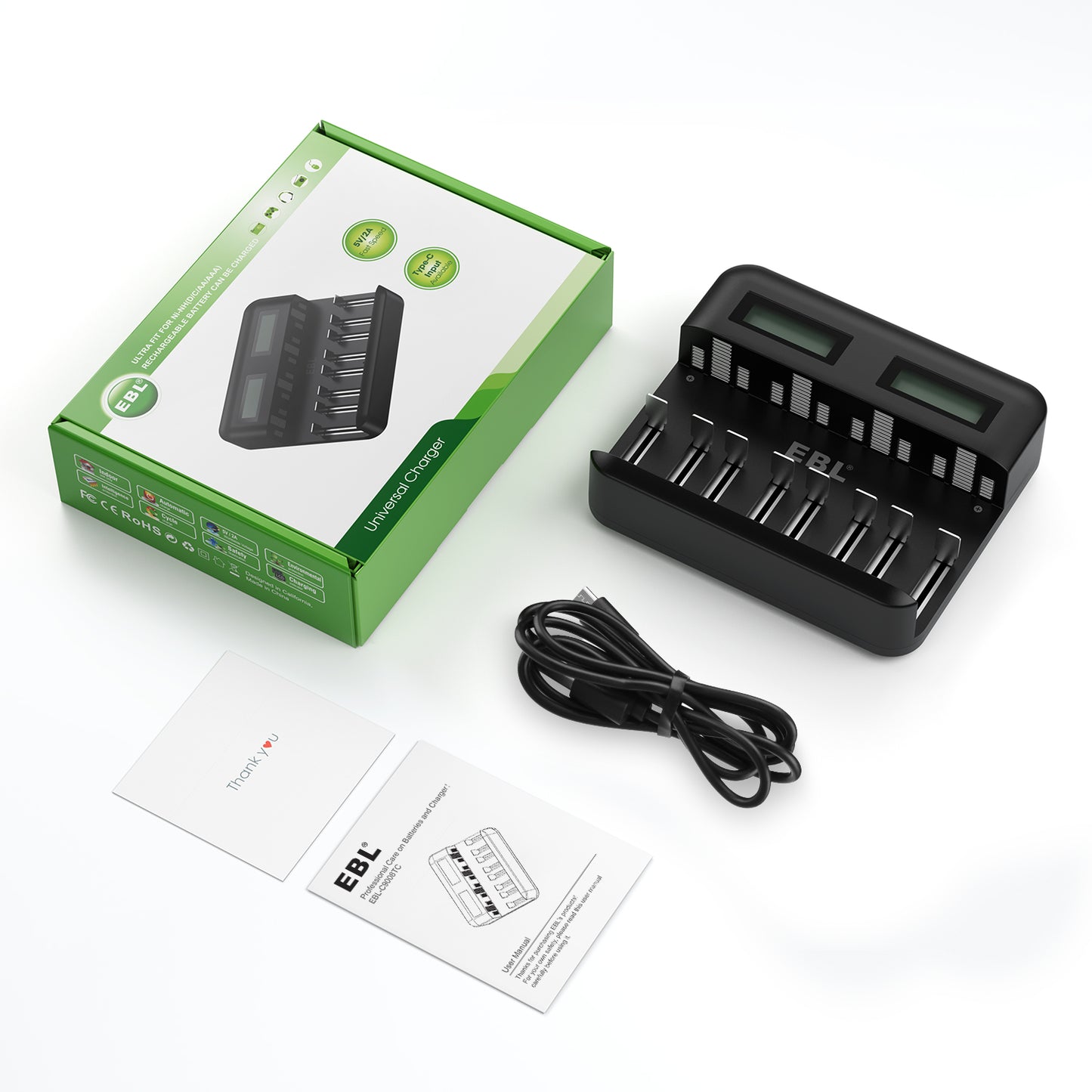 EBL TB-6431 8-Bay Universal Battery Charger with LCD Status Display, Independently Controlled Quick Charging Slots, and Built-In Overcharge Protection for AA AAA C D Rechargeable Batteries
