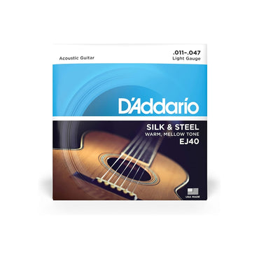 D'Addario Silk and Steel Folk Light Gauge Acoustic Guitar Strings Set with Low Tension & Silver-Plated Windings (.011-.047) | EJ40
