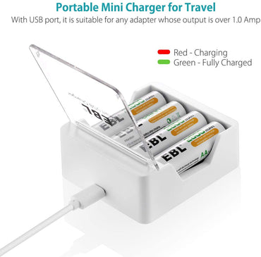 EBL LN-6105 4-Bay Portable Smart USB Battery Charger with Fast Charging Micro USB Power Port, for AA and AAA Rechargeable Batteries