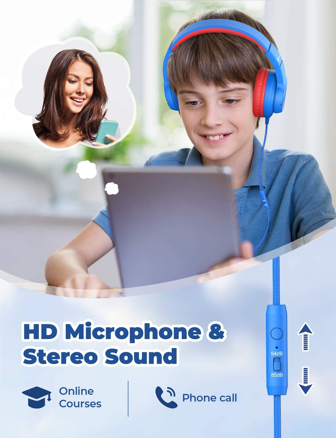 iClever HS19 Kids Headphones Blue with HD Microphone Stereo Sound Foldable Stretchable Headband 85dB / 94dB Volume Limiter