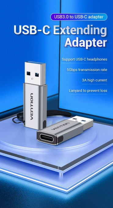 Vention USB 3.0 Male to USB-C Female Adapter 5Gbps High Speed Transfer Gray Aluminum Alloy Converter (CDPH0)