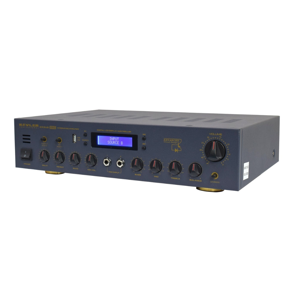KEVLER GX-3UB PRO 300W X2 Integrated Audio Amplifier with USB, Bluetooth and Mic Priority Function, FM Radio, 3 Mic Inputs, LCD Display, Feedback Reducer and Effects Master Control for Karaoke System