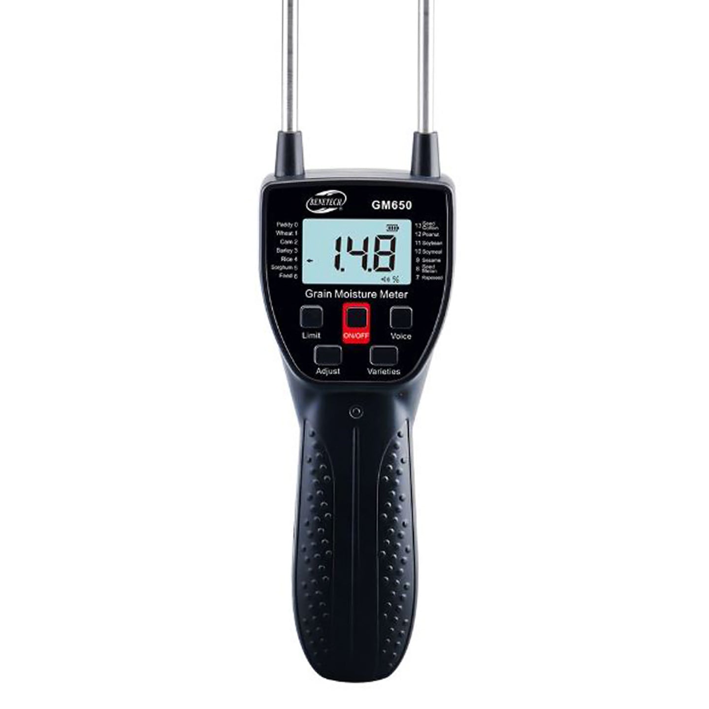 Benetech GM650A Grain Moisture Meter Tester with Voice Reminder, LCD Backlight, Stainless Steel Probe, Low Battery Notification, Automatic Shutdown Function