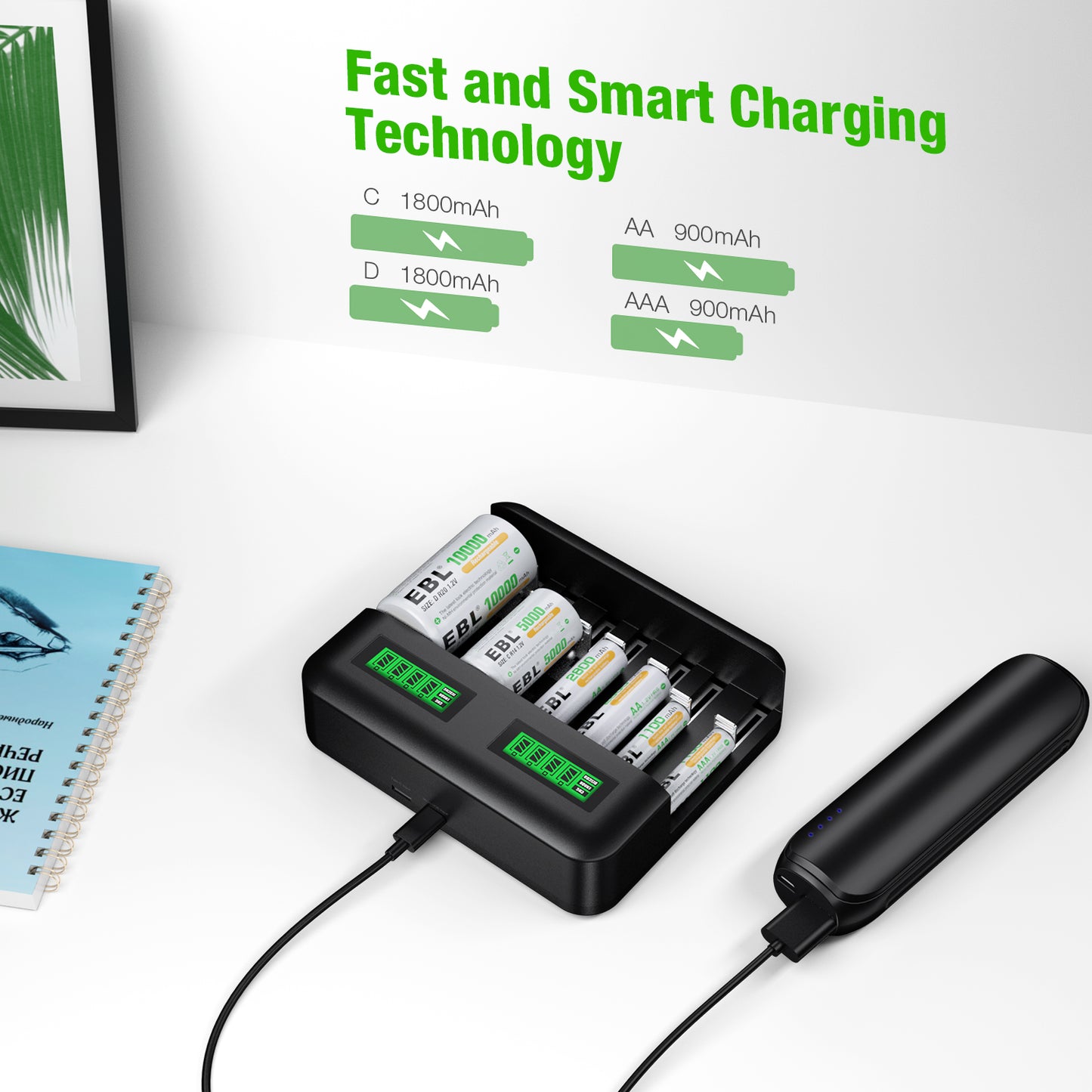 EBL TB-6431 8-Bay Universal Battery Charger with LCD Status Display, Independently Controlled Quick Charging Slots, and Built-In Overcharge Protection for AA AAA C D Rechargeable Batteries