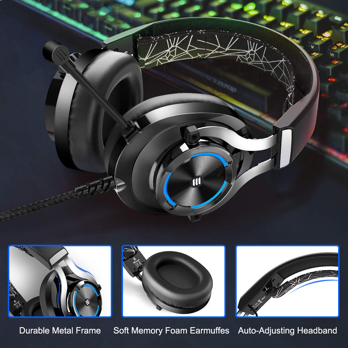 EKSA E3000 Stereo Gaming Headset Over Ear Wired Gamer Headphone 3.5mm Double Jack Headphones With Microphone For PC PS4