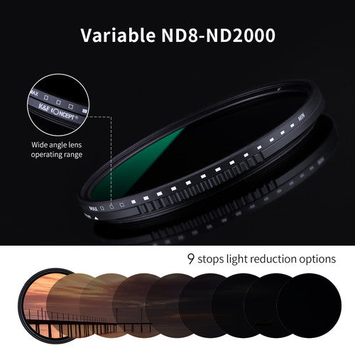 K&F Concept KF01-1350 Variable Fader NDX ND8-ND2000 Waterproof Anti-Scratch Green Coated Japan Optics Filter (40.5mm)
