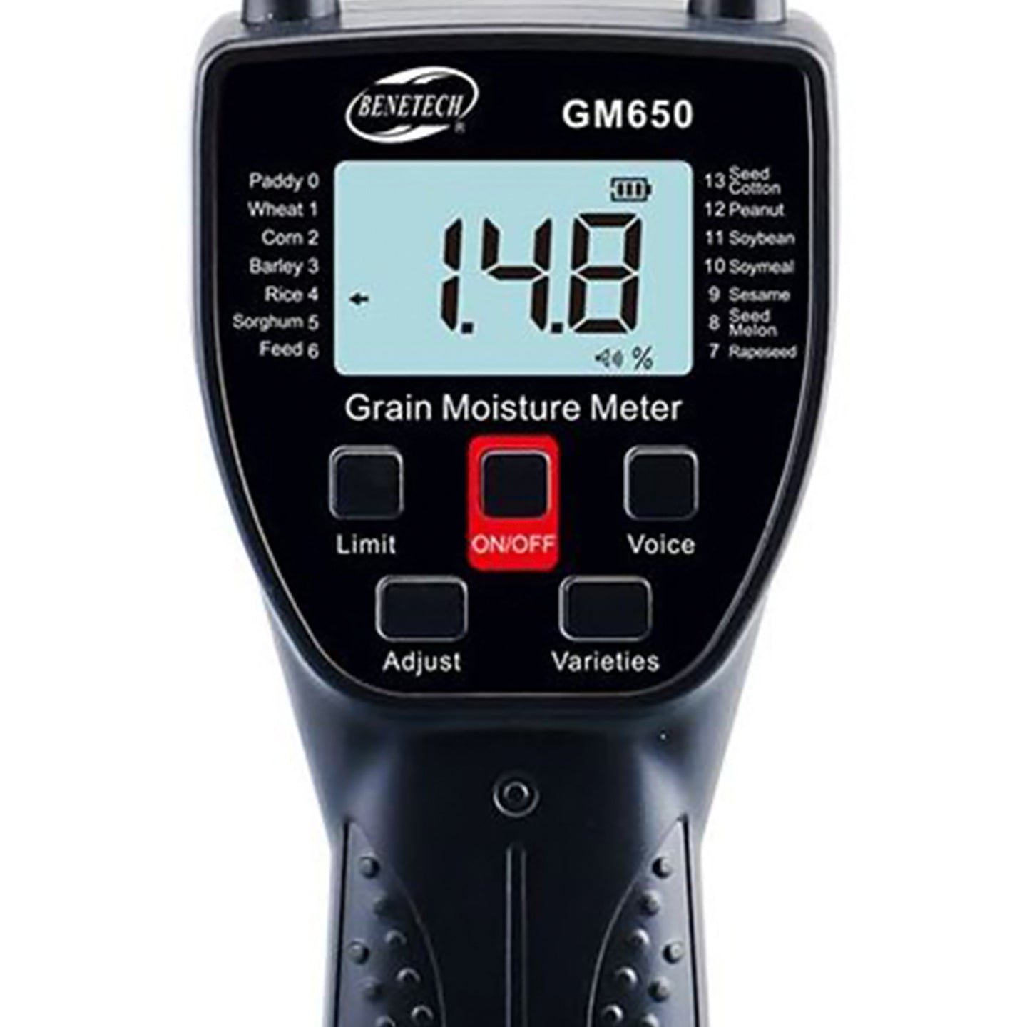 Benetech GM650A Grain Moisture Meter Tester with Voice Reminder, LCD Backlight, Stainless Steel Probe, Low Battery Notification, Automatic Shutdown Function