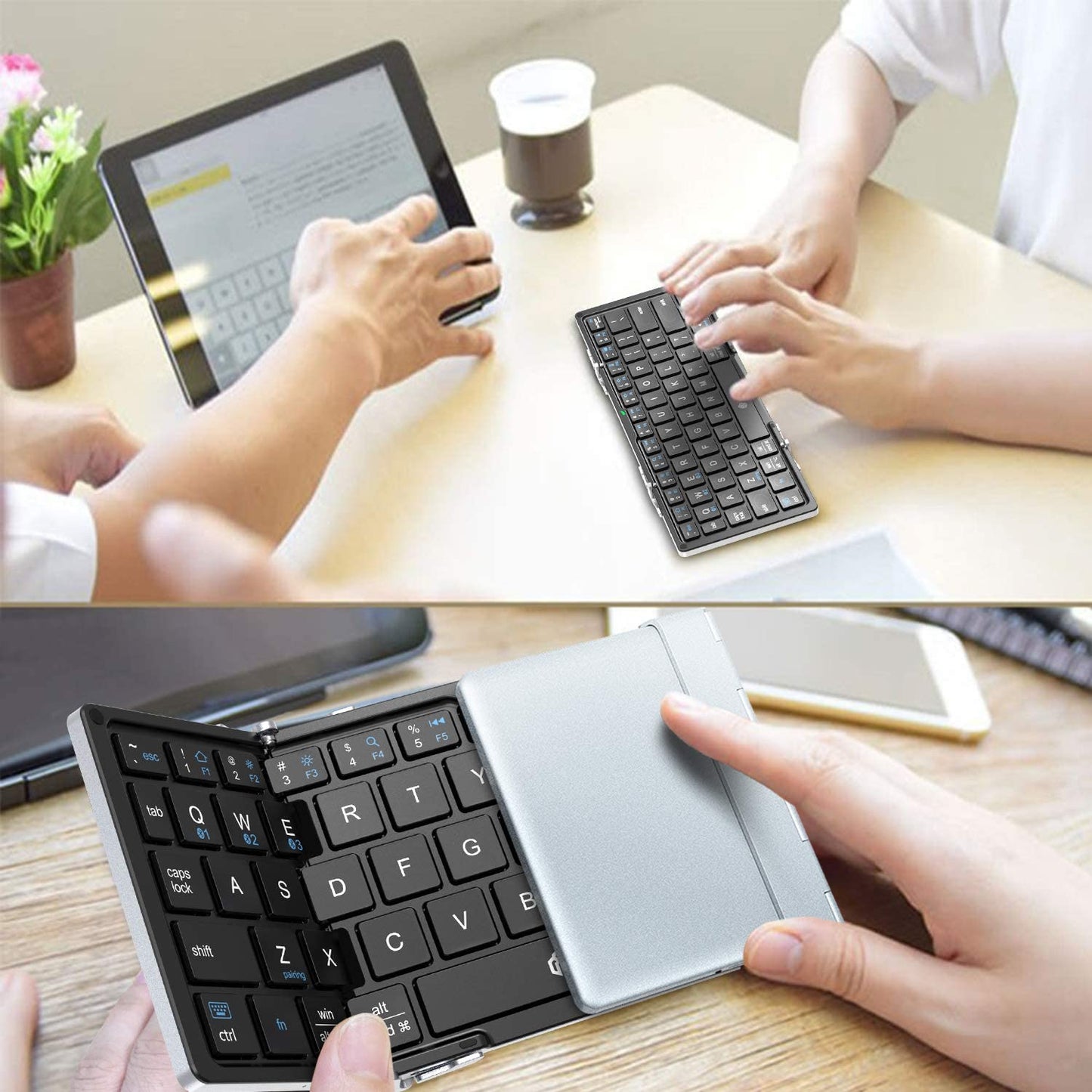 iClever BK03 Tri-folding Wireless Keyboard Silver Portable with Durable Foldable Aluminum Alloy Housing Bluetooth 5.1 60hours Battery Rechargeable