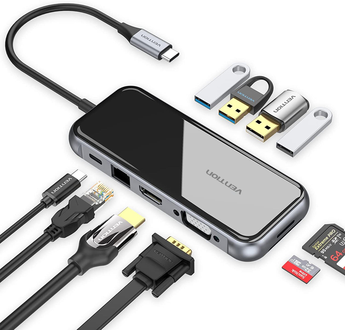 Vention 10 in 1 USB-C Hub 10-Ports Docking Station (USB 3.0, USB 2.0, SD/TF, VGA, HDMI, RJ45, PD) (TFGHB)