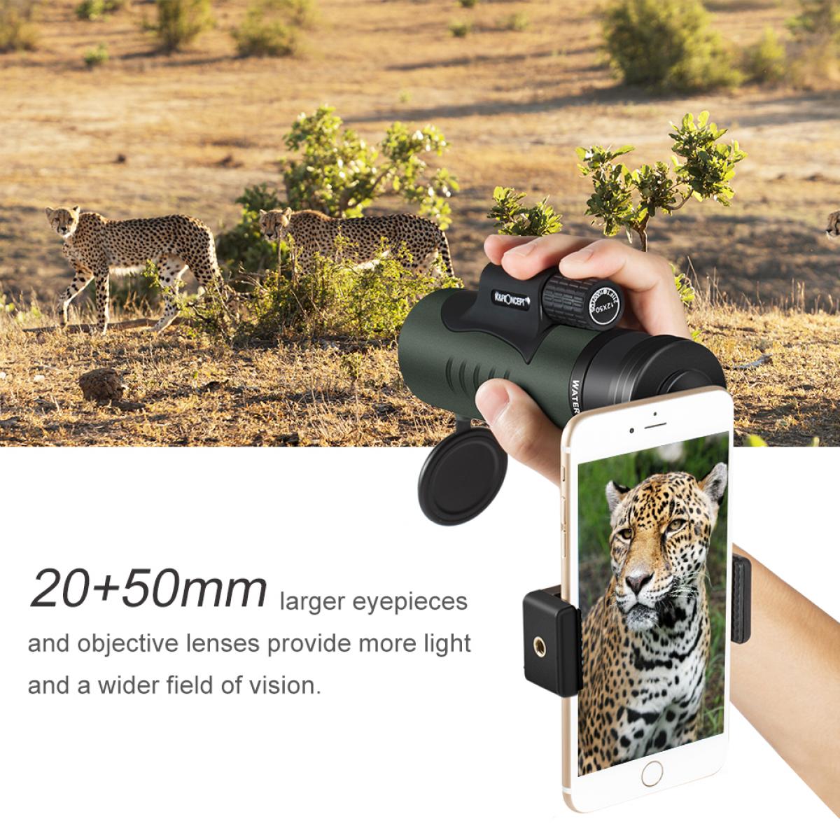 K&F Concept 12X50 Monocular Telescope with Smartphone Adapter, IP68 Waterproof, Anti-fog Bak-4 Prism Scope for Bird Watching, Hunting, Camping, Travelling, Wildlife
