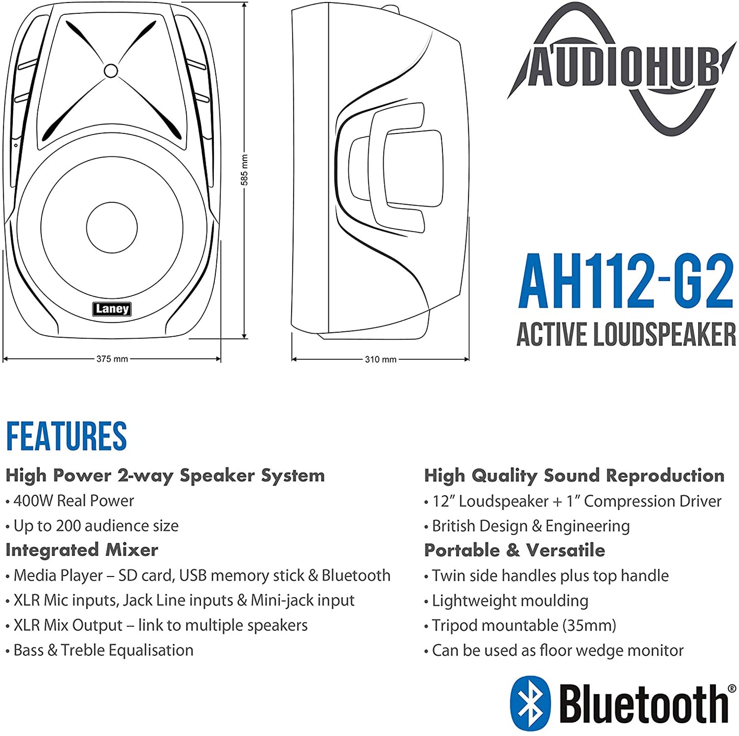 LANEY AH112-G2 Active Moulded Speaker with Bluetooth