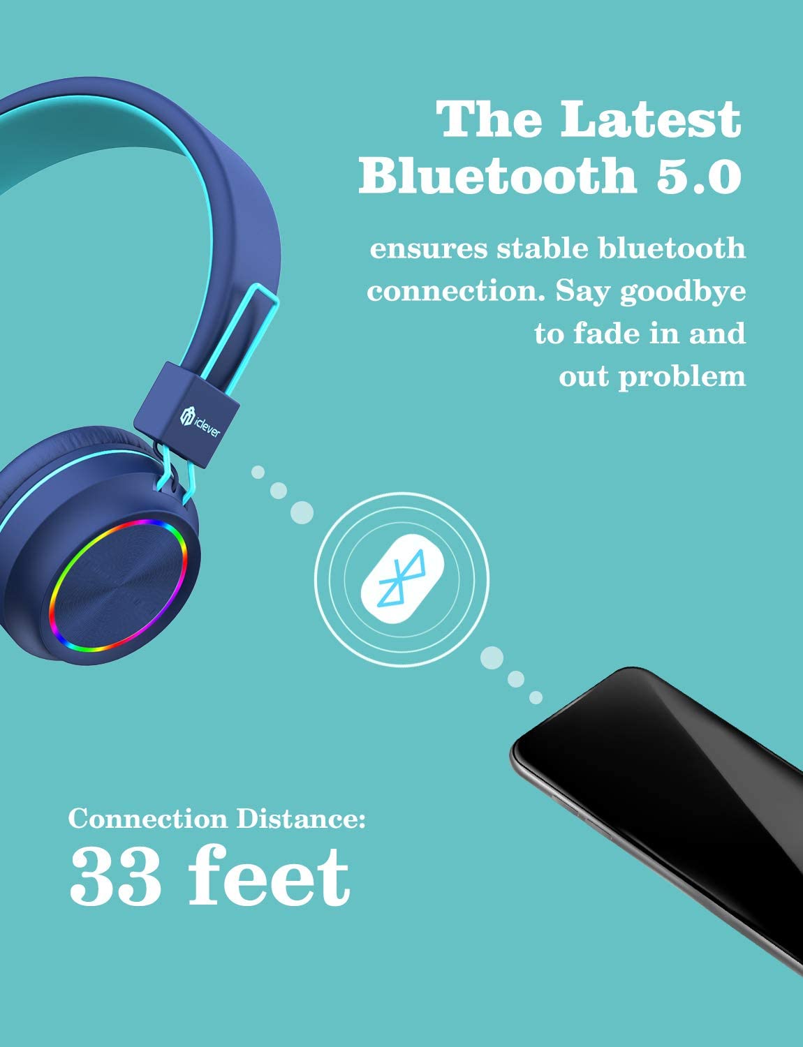 iClever BTH03 Kids Wireless Headphones Blue with Colorful LED Lights Bluetooth 5.0 Twistable Adjustable Foldable Headband 25hours Playtime