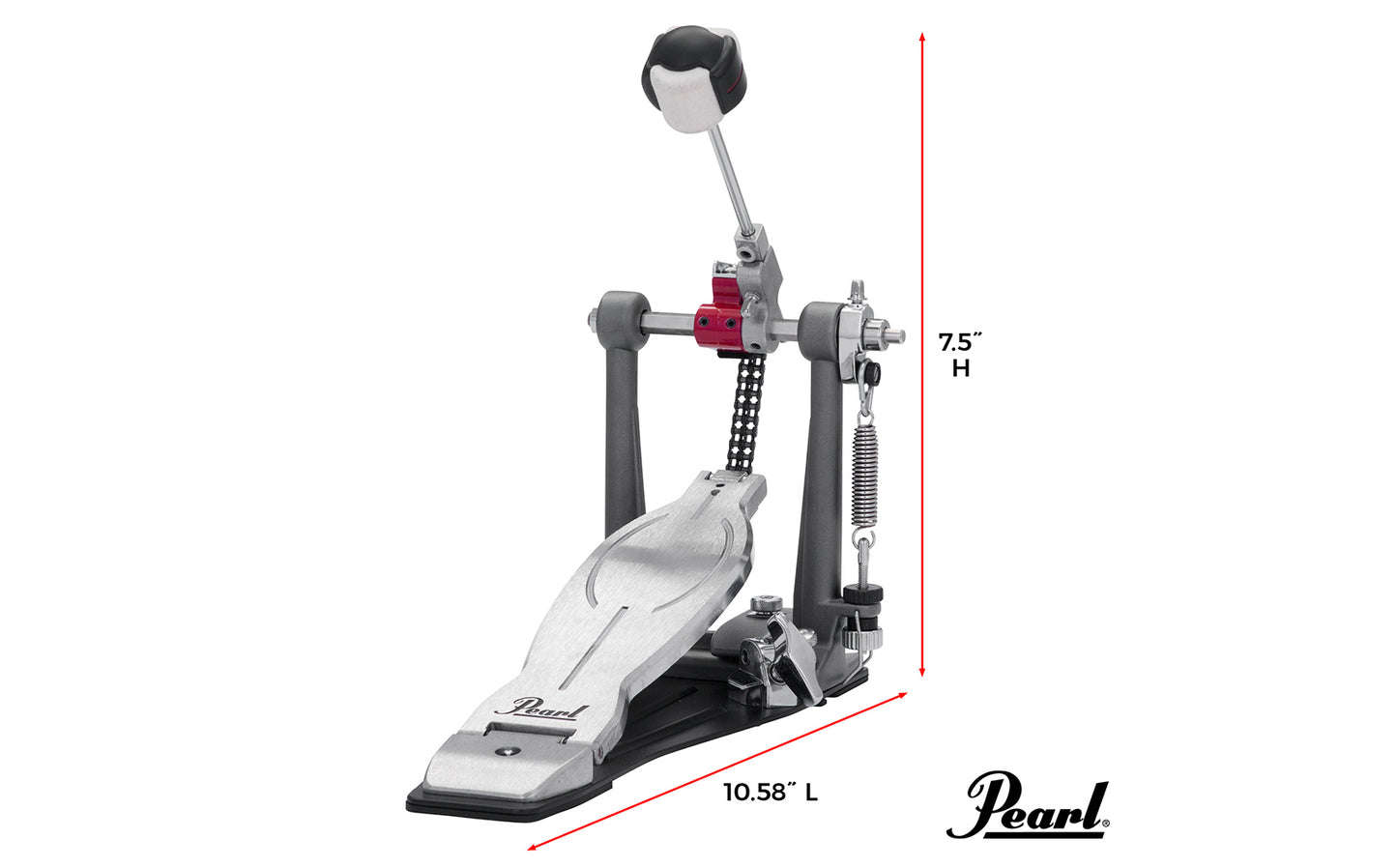 Pearl P1030R Eliminator Solo: Red Cam Single Bass Drum Kick Pedal with Control Core Quad-beater Footboard Powershifter Function