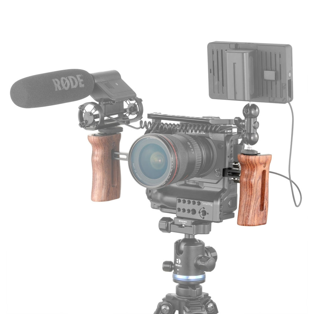 SmallRig Wooden Universal Side Handle Grip with Cold Shoe & Adjustable Sliding Connector for Camera Cage | HSN2093C