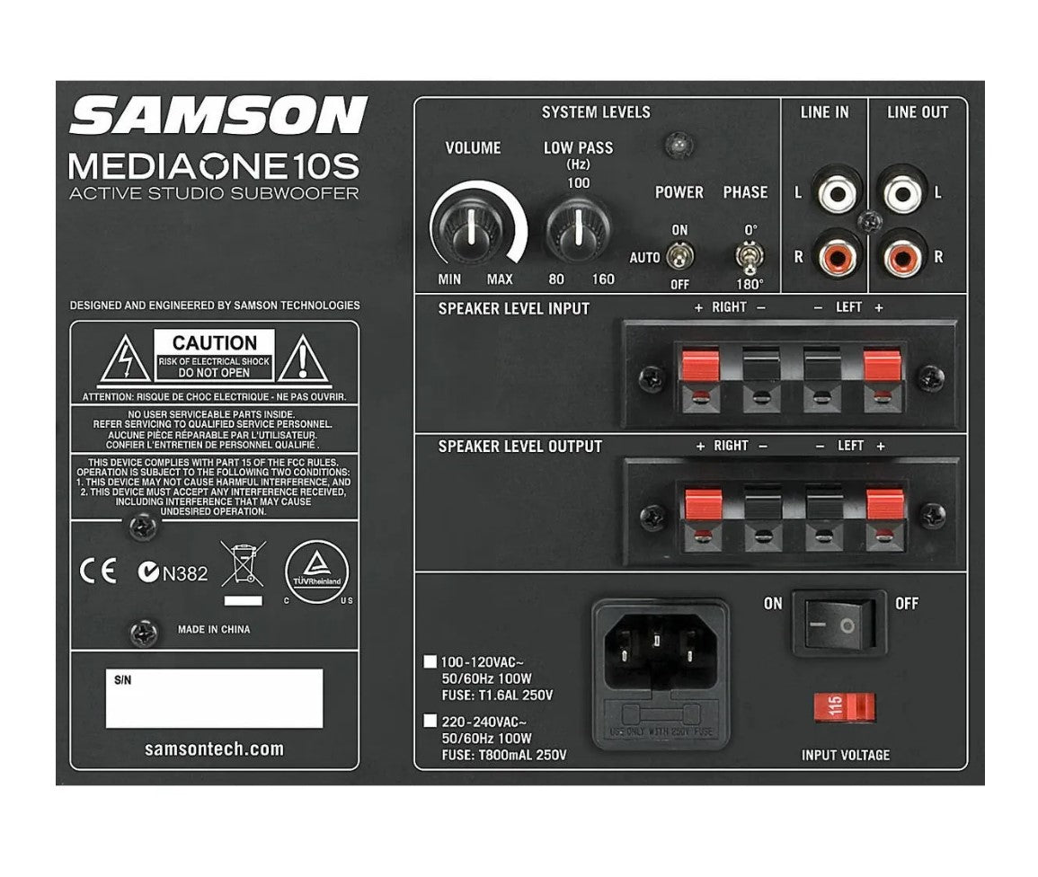 Samson MediaOne 10S Active Studio Subwoofer 100W Power with Variable Frequency Control, Bass Reflex Design and Protective Mesh Grill