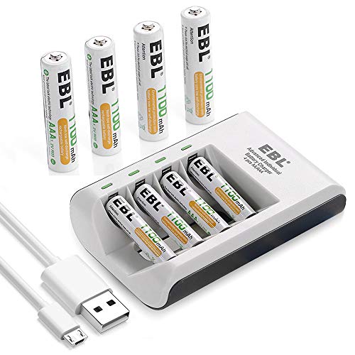 EBL 807 4-Bay AA and AAA Battery Charger with Built-In LED Charge Status Indicator Lights and 4pcs 1.2V AAA 1100mA Rechargeable NiMH Batteries for Portable and Emergency Electronics
