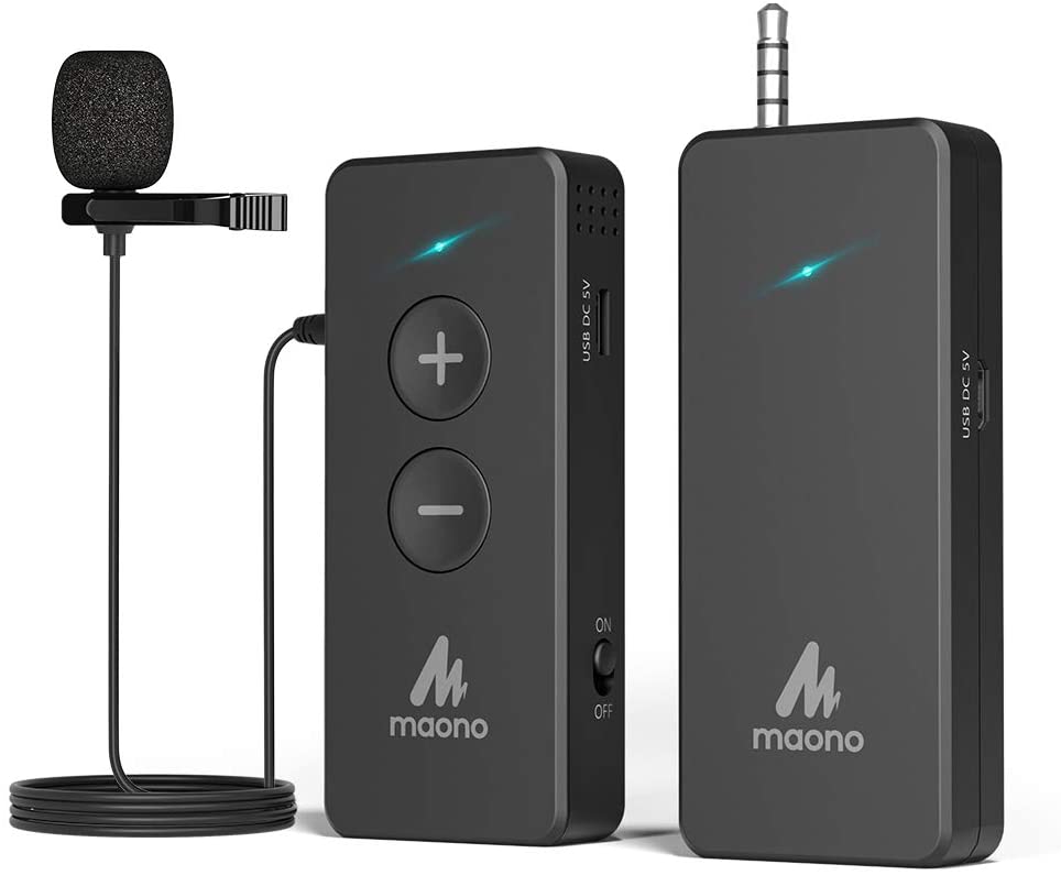 Maono AU-WM800 WM800 Plug and Play Mini Wireless Lavalier Microphone System with Stable Transmission Ultra Lightweight External Lapel Microphone with Volume Adjustment for Vlogging, Video Recording, Interviews