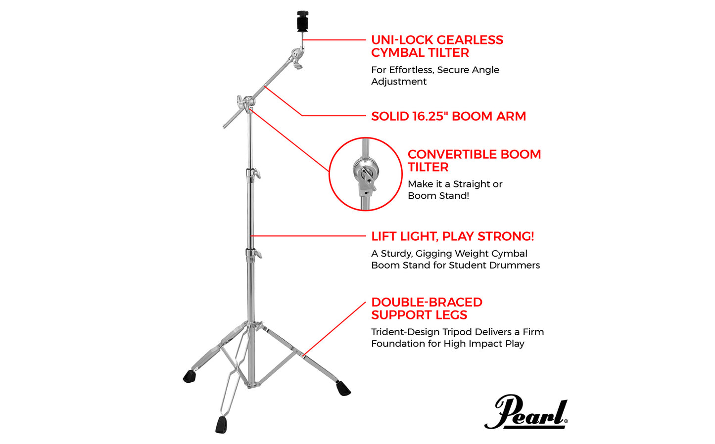 Pearl BC830 Double-Braced Cymbal Boom Stand with Gearless Uni-Lock Tilter 3-Section Stand Height Adjustable