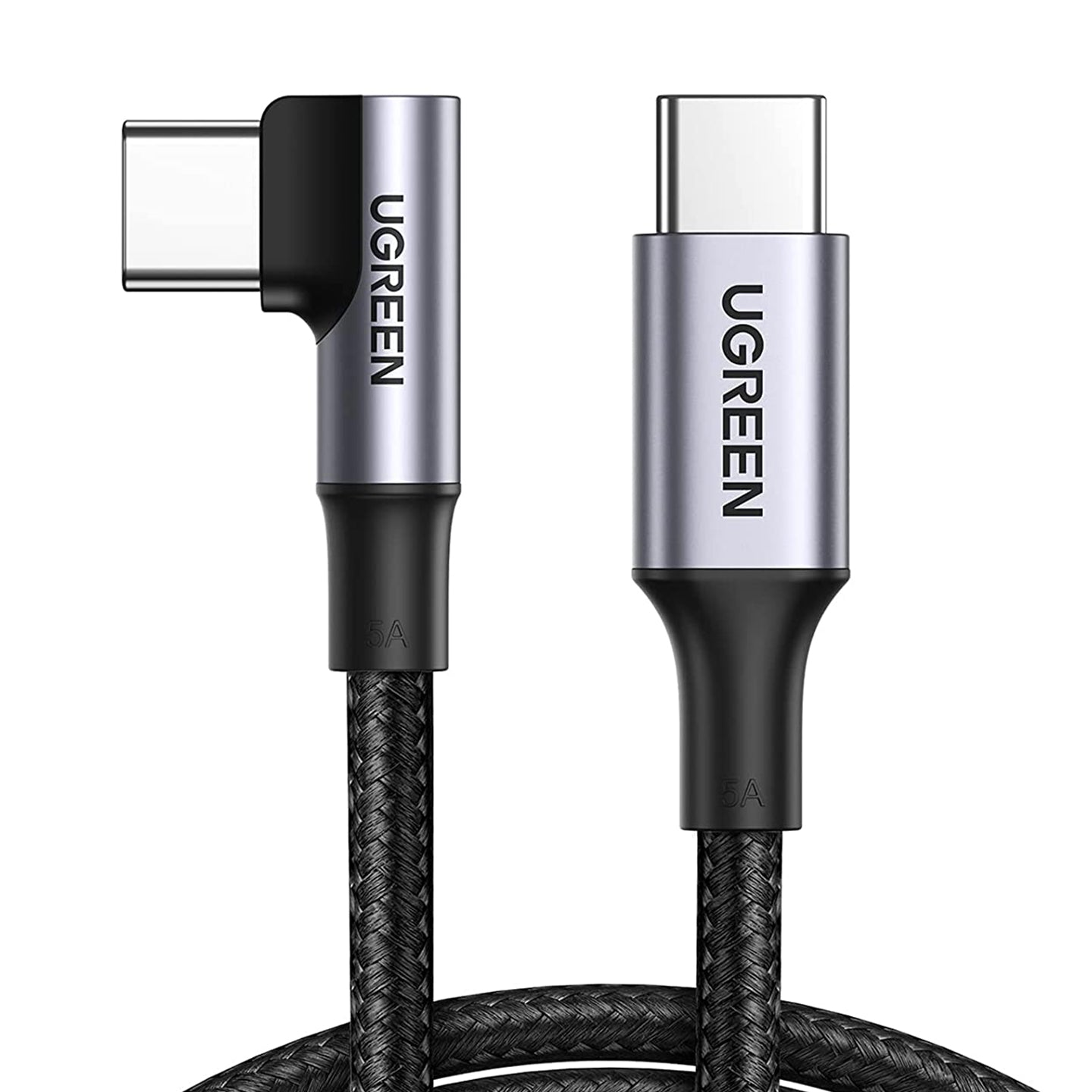 UGREEN 100W PD USB-C 2.0 Male to Angled USB Type-C Male Fast Charging Cable with Braided Aluminium Shell for Smartphones, Tablets, Laptops (1M) | 7064