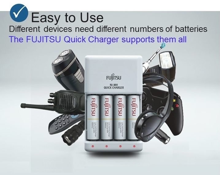Fujitsu FCT344CEFX Ni-MH Battery Quick Charger for AA and AAA Kit with Fujitsu AA 1.2V 1900mAh Rechargeable Batteries