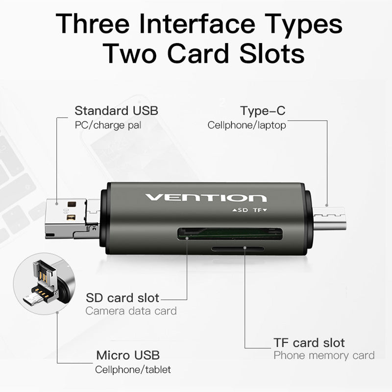 Vention USB 3.0 Mult-Function Card Reader 480Mbps 256G Gray Metal Type