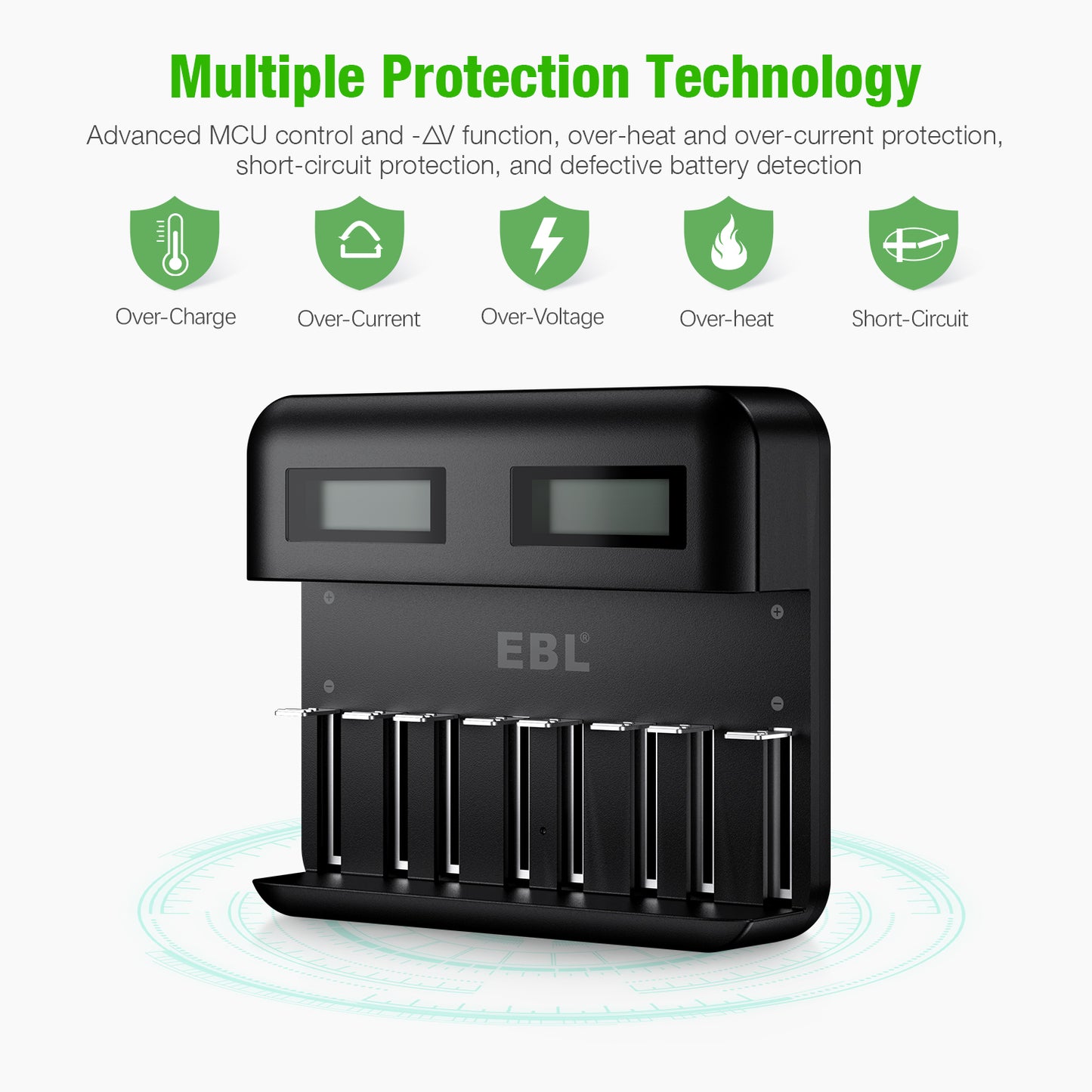 EBL TB-6431 8-Bay Universal Battery Charger with LCD Status Display, Independently Controlled Quick Charging Slots, and Built-In Overcharge Protection for AA AAA C D Rechargeable Batteries