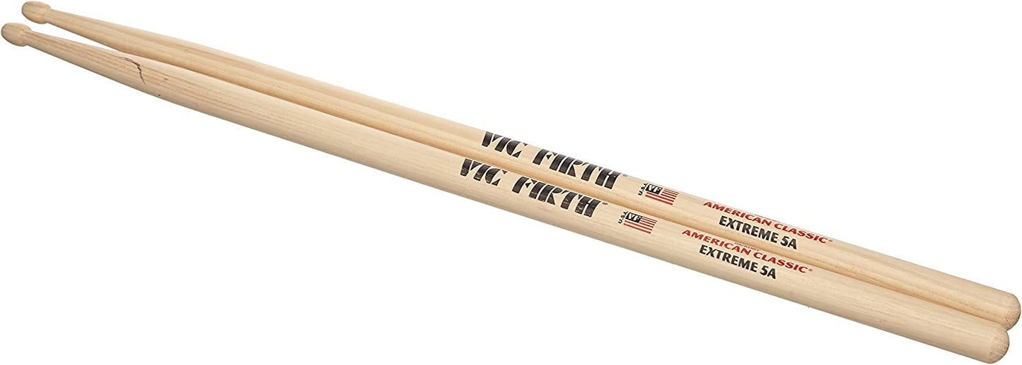 Vic Firth American Classic Extreme 5A Hickory Wood Tear Drop Tip Drumsticks (Pair) Drum Sticks for Drums and Percussion (Wood, Nylon Tips)