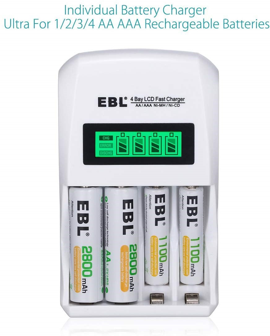 EBL LN-6907 4-Bay Smart Battery Charger with LCD Indicator Screen, Individually Controlled Quick Charging Slots, and Intelligent Overcurrent Protection (includes 4-Pack AAA Ni-MH Rechargeable Batteries)