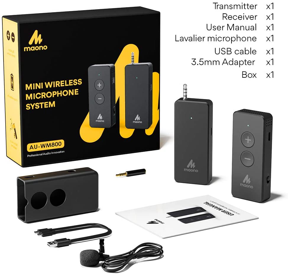 Maono AU-WM800 WM800 Plug and Play Mini Wireless Lavalier Microphone System with Stable Transmission Ultra Lightweight External Lapel Microphone with Volume Adjustment for Vlogging, Video Recording, Interviews
