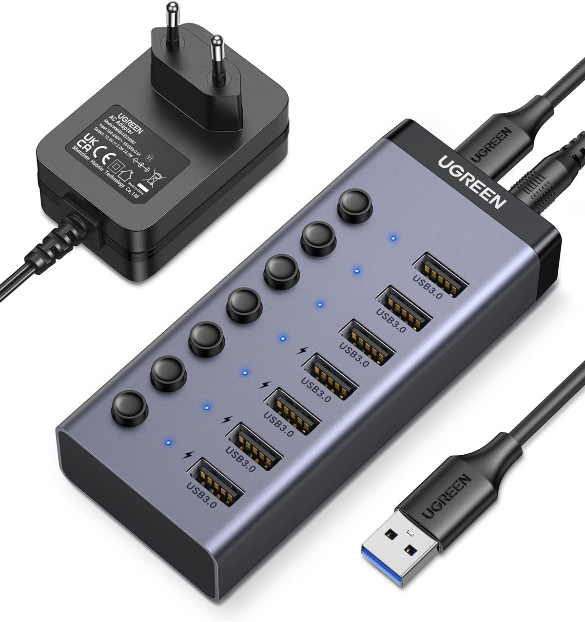 UGREEN 7 Port USB 3.0 Hub with 4 Fast Charge Slots Individual Toggle Switches and 5Gbps Data Transfer Speeds (12V Power Adapter Included) | 90305