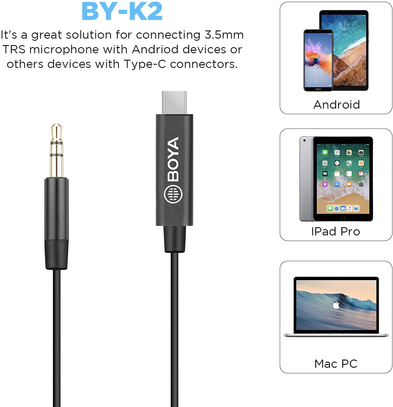Boya BY-K2 3.5mm TRS (Male) to USB Type-C (Male) 20cm Audio Adapter Cable for Android Devices