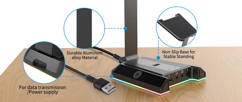 EKSA W1 RGB Headset Stand with 7.1 Surround USB Headphones Holder and 3.5mm Ports Gaming Headset Hanger