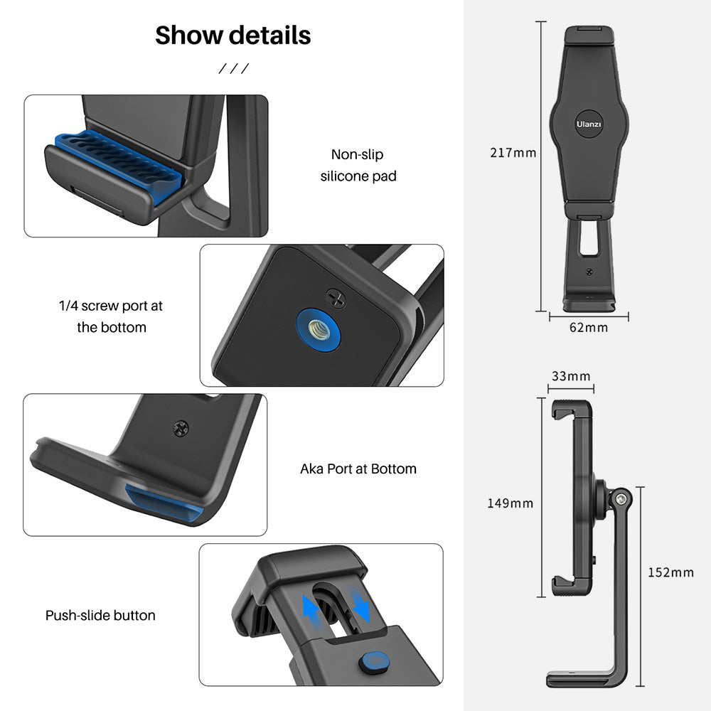 Ulanzi ST-20 20 Plastic Tablet Clamp Holder 22cm Stretchable Range with Horizontal / Vertical Shooting 360 Rotation 2 Cold Shoes Quick Plate