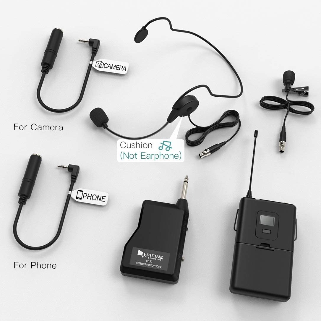 Fifine K037B Wireless Microphone System Set with Headset, Lavalier Lapel Mics, Beltpack Transmitter and Receiver for Teaching, Preaching, Public Speaking