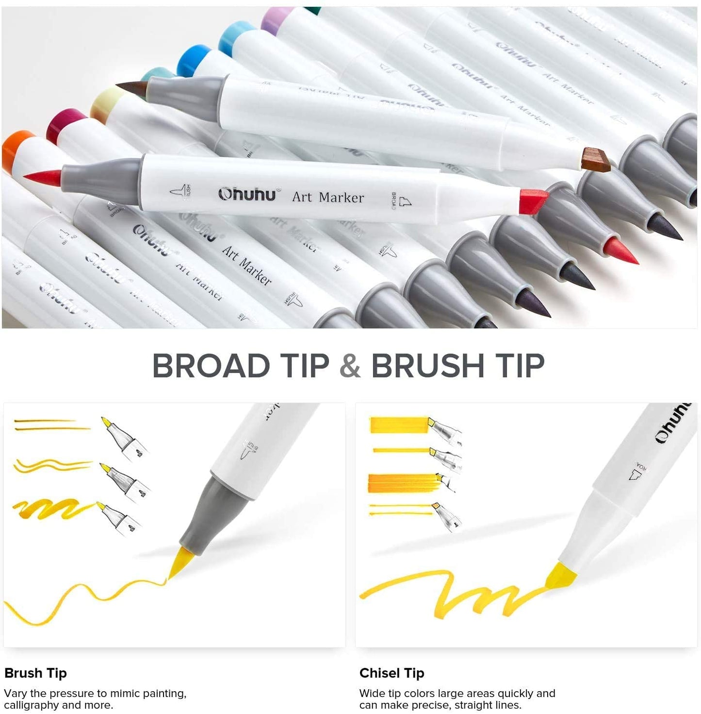 Ohuhu Honolulu Series Alcohol Based 24 Basic Colors plus Colorless Blender Dual Tipped Art Markers for Coloring and Sketching for Kids and Adults (Brush and Chisel) Y30-80400-80