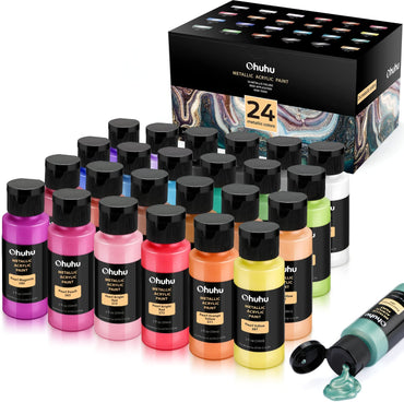 Ohuhu Art Paints 24-Pc Metallic 59ml Acrylic Paint Set for Wood and Ceramic Art Crafts OHUHU Y30-80700-34