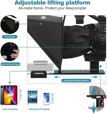 Desview / Bestview T12 12" Universal Teleprompter with Horizontal / Vertical Shooting, Bluetooth Remote Control, and Mobile App Support for Smartphone, Tablet, DSLR Camera Portable for Youtube Interview Studio