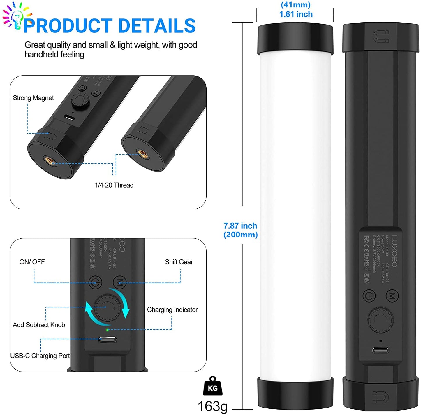 Luxceo P100 Magnetic RGB Video Light with up 6000k Color with Remote Control Temperature