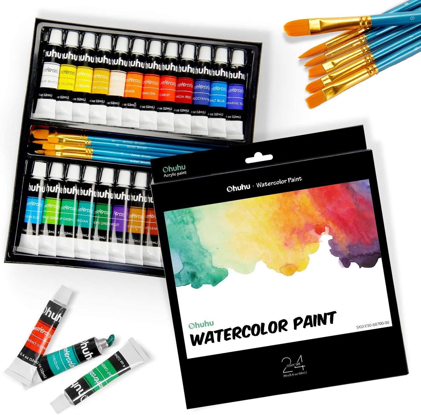 Ohuhu Art Paints 24-Pc 12ml Water Color Paint Set with 6 Nylon Hair Paint Brushes Y30-80700-08