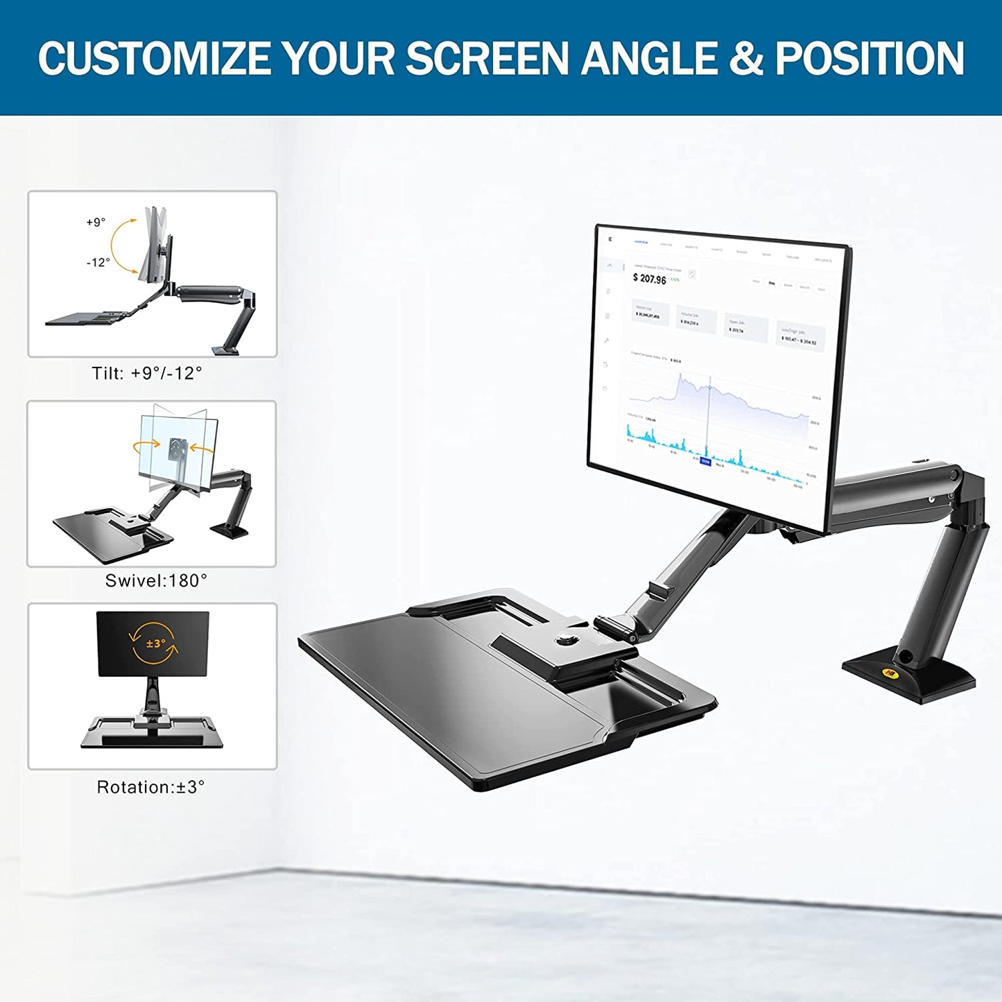 NB North Bayou NB40 22"- 32" with 15Kg Max Payload Sit and Stand Workstation VESA Monitor Desk Mount, Keyboard Tray and Gas Strut Full Motion Swivel Arm for LCD LED TV Television
