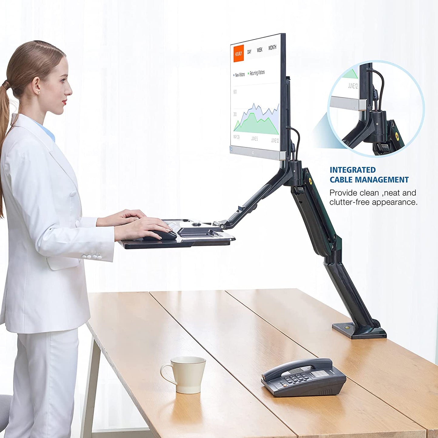 NB North Bayou NB40 22"- 32" with 15Kg Max Payload Sit and Stand Workstation VESA Monitor Desk Mount, Keyboard Tray and Gas Strut Full Motion Swivel Arm for LCD LED TV Television