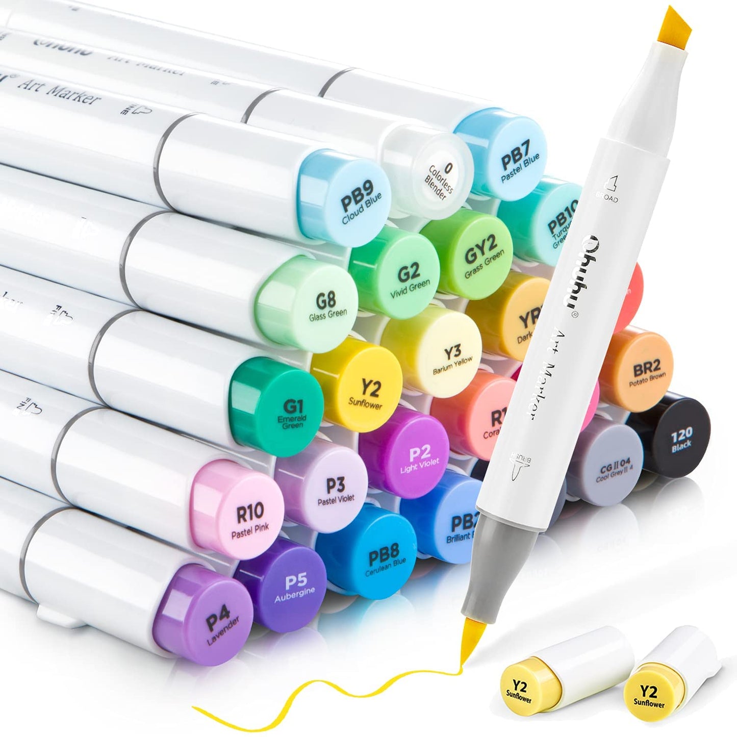 Ohuhu Honolulu Series Alcohol Based 24 Basic Colors plus Colorless Blender Dual Tipped Art Markers for Coloring and Sketching for Kids and Adults (Brush and Chisel) Y30-80400-80