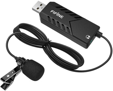 Fifine K053 USB Lavalier Lapel Microphone Clip-on Cardioid Condenser Computer mic Plug and Play USB Microphone with Sound Card for PC and Mac
