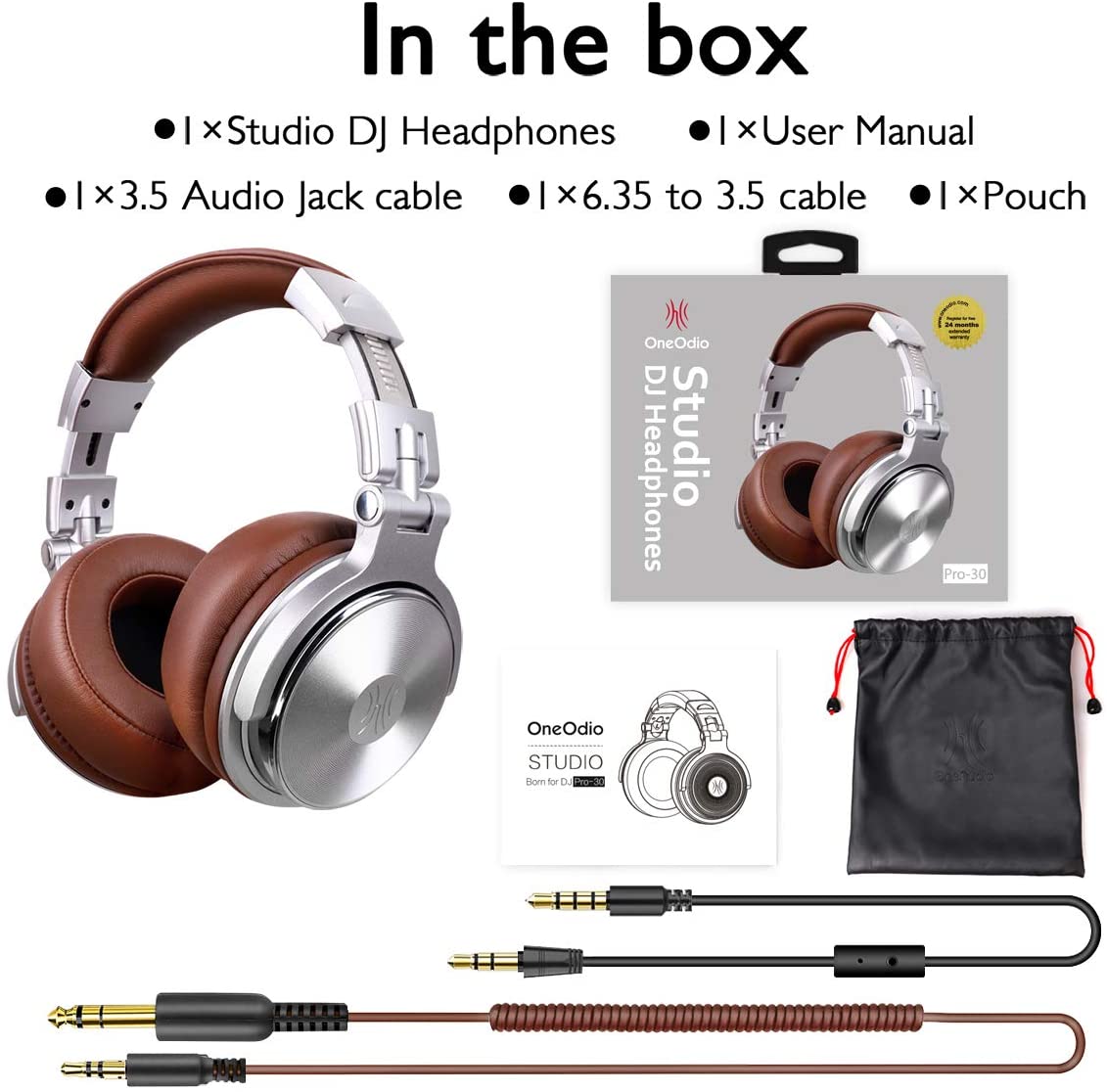 OneOdio Pro 30 Over Ear Headphone, Wired Premium Stereo Sound Headsets with 50mm Driver, Foldable Comfortable Headphones with Protein Earmuffs and Shareport for Recording Monitoring Podcast PC TV- with Mic (Silver)