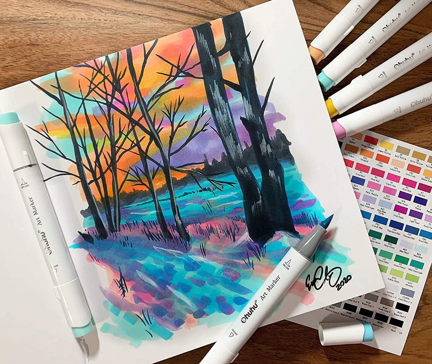 Ohuhu Honolulu Series Alcohol Based 216 Colors plus Colorless Blender Dual Tipped Art Markers for Coloring and Sketching for Kids and Adults (Brush and Chisel) Y30-80401-50