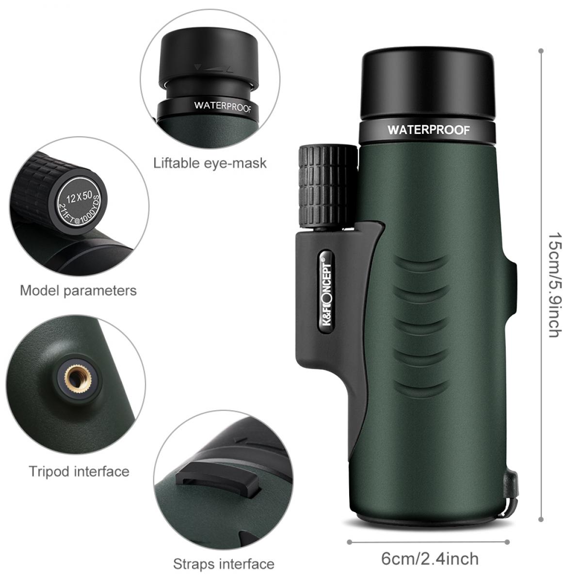 K&F Concept 12X50 Monocular Telescope with Smartphone Adapter, IP68 Waterproof, Anti-fog Bak-4 Prism Scope for Bird Watching, Hunting, Camping, Travelling, Wildlife