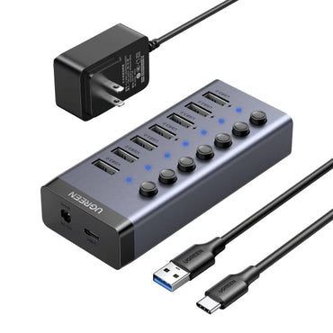UGREEN 7 Port USB 3.0 Hub with 4 Fast Charge Slots Individual Toggle Switches and 5Gbps Data Transfer Speeds (12V Power Adapter Included) | 90305