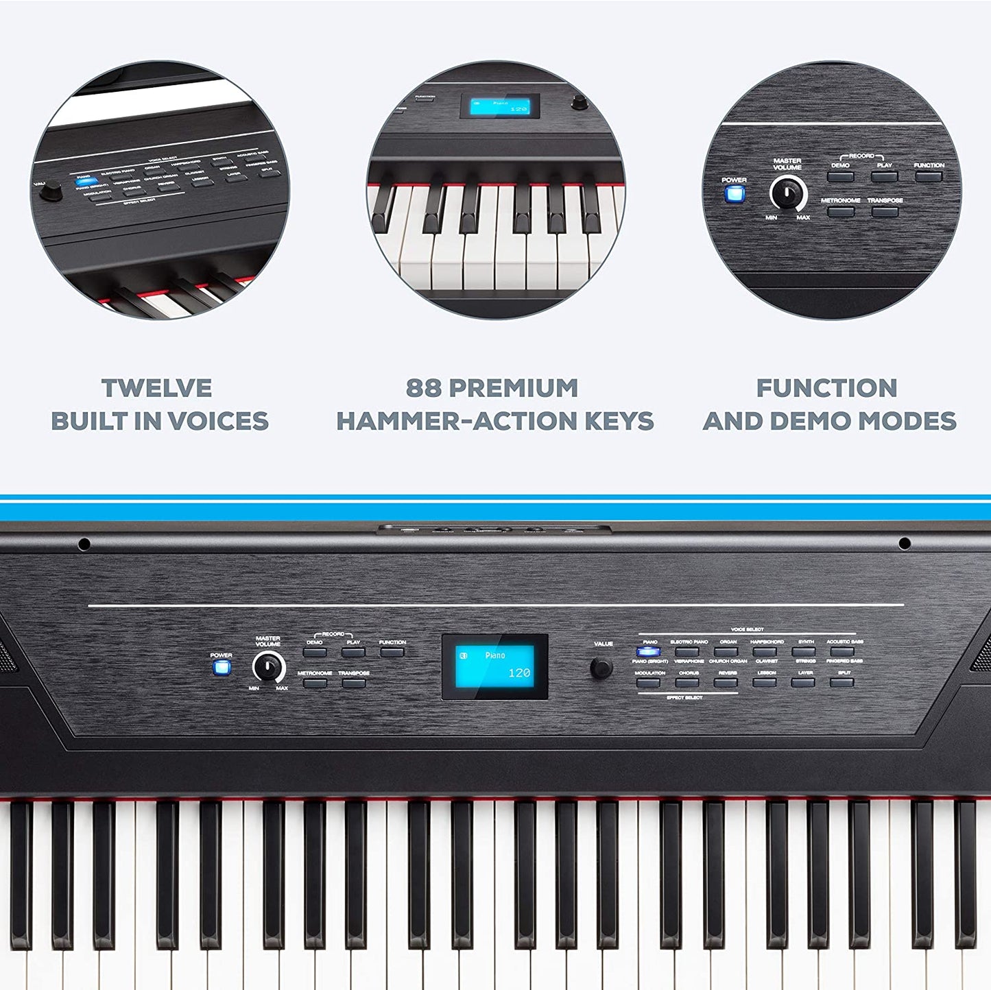 Alesis Recital Stage Pro 88-Key Full Size Digital Piano Electric Keyboard with Hammer-Action Keys Power Adopter Music Rest